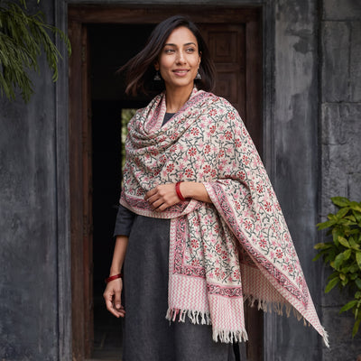 Off White Floral Sanganeri Print Pure Merino Wool Handwoven Shawl, worn by a model, AI visual of the shawl, iTokri