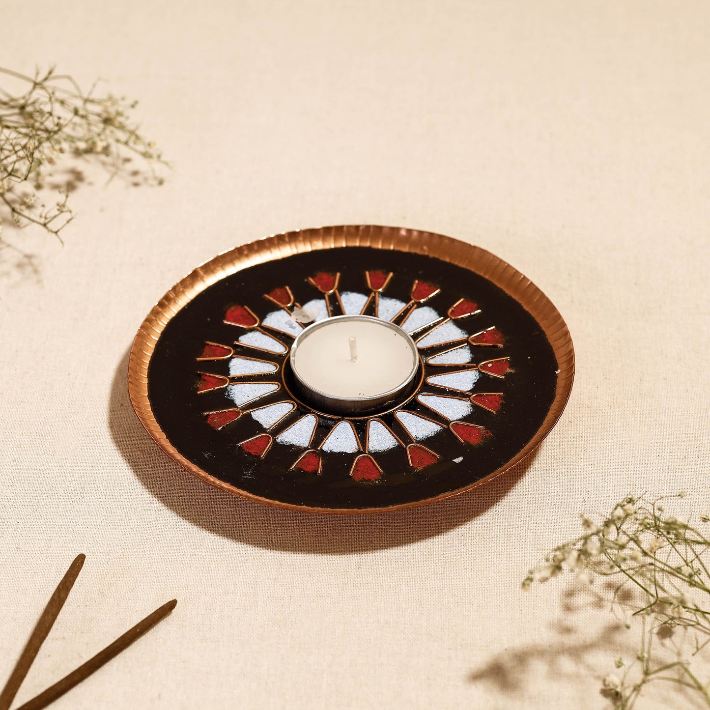 Buy Flower - Copper Hand-Hammered Enamel Work Tealight Holder Online at iTokri.com