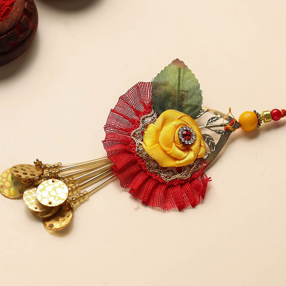 Flower - Fabric & Metal Beadwork Lumba Rakhi