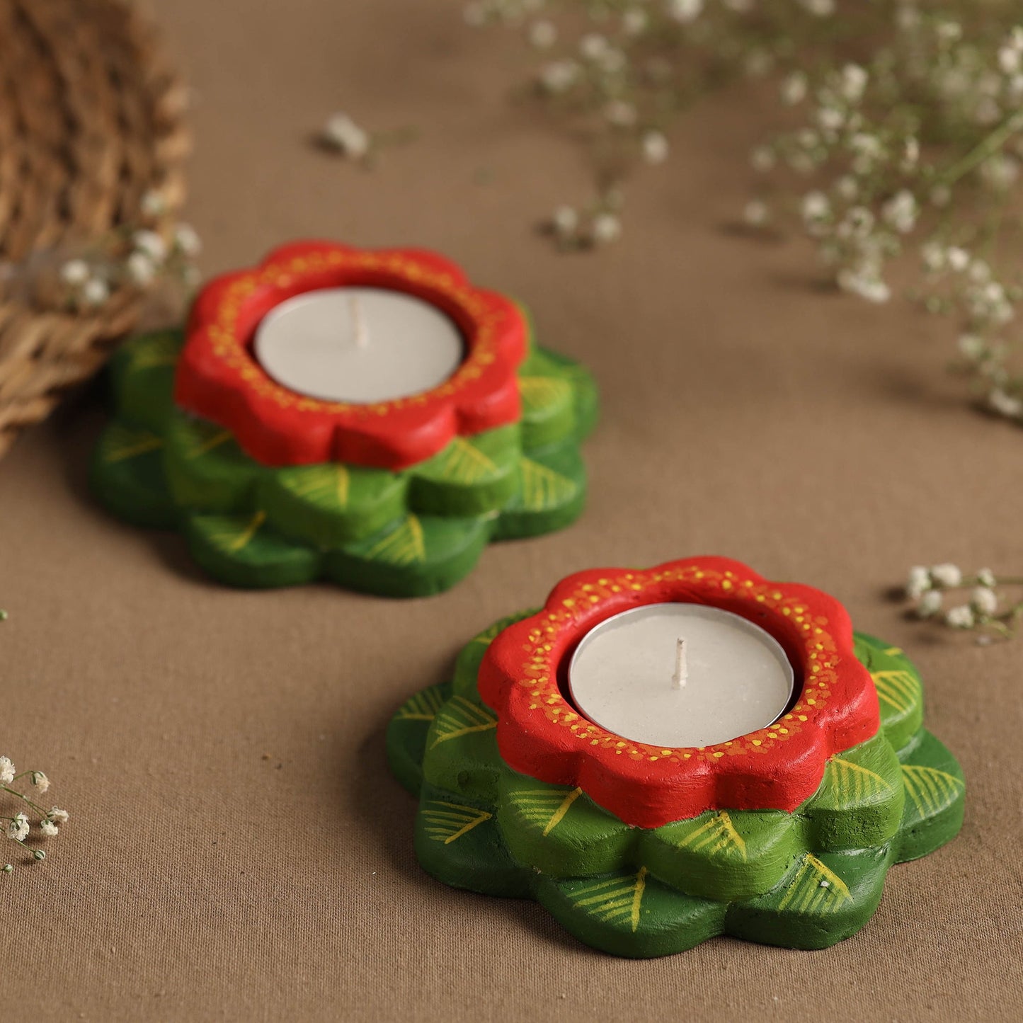  Flower - Handpainted Clay Candle Holders (Set of 2) Online in India l iTokri.com 