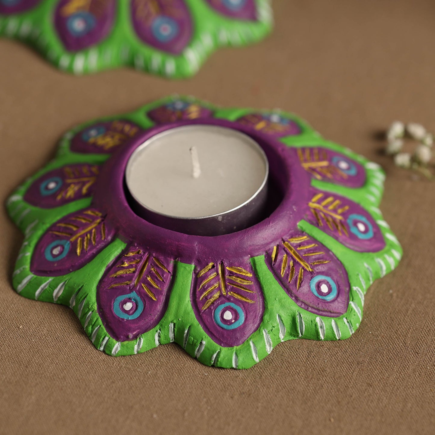  Flower - Handpainted Clay Candle Holders (Set of 2) Online in India l iTokri.com 