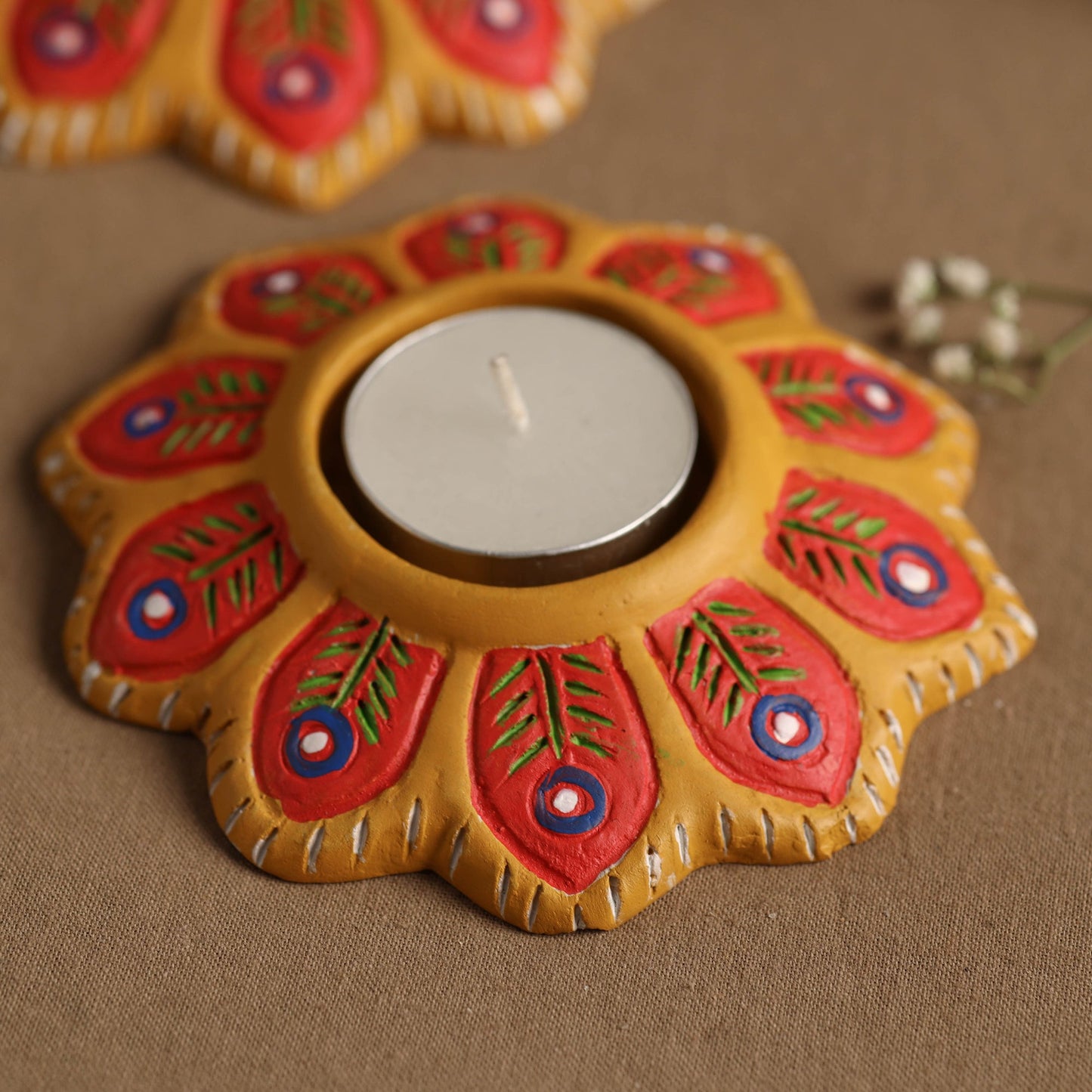  Flower - Handpainted Clay Candle Holders (Set of 2) Online in India l iTokri.com 