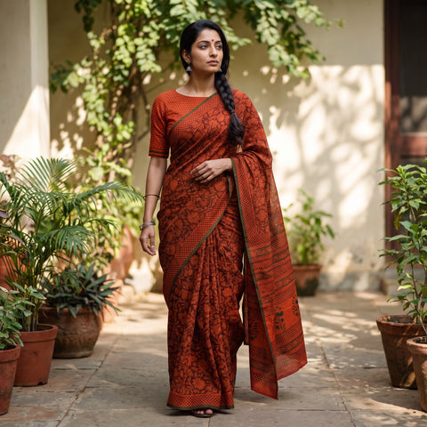 Red Gamthi Hand Block Print Pure Mul Cotton Saree with Blouse Piece, draped and worn by a woman, AI visual of the saree, iTokri