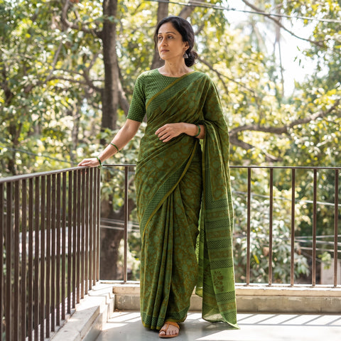 Green Gamthi Hand Block Print Pure Mul Cotton Saree with Blouse Piece, draped and worn by a woman, AI visual of the saree, iTokri