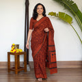 Red Gamthi Hand Block Print Pure Mul Cotton Saree with Blouse Piece, draped and worn by a woman, AI visual of the saree, iTokri