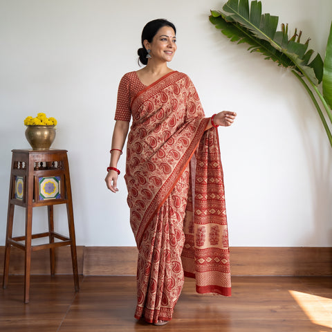 Red Gamthi Hand Block Print Pure Mul Cotton Saree with Blouse Piece, draped and worn by a woman, AI visual of the saree, iTokri