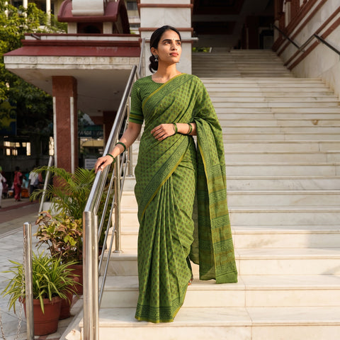 Green Gamthi Hand Block Print Pure Mul Cotton Saree with Blouse Piece, draped and worn by a woman, AI visual of the saree, iTokri