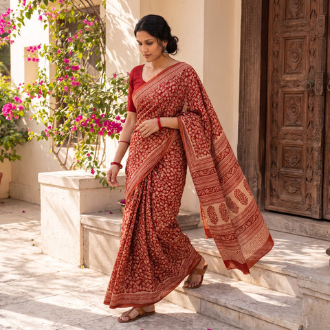 Red Gamthi Hand Block Print Pure Mul Cotton Saree with Blouse Piece, draped and worn by a woman, AI visual of the saree, iTokri