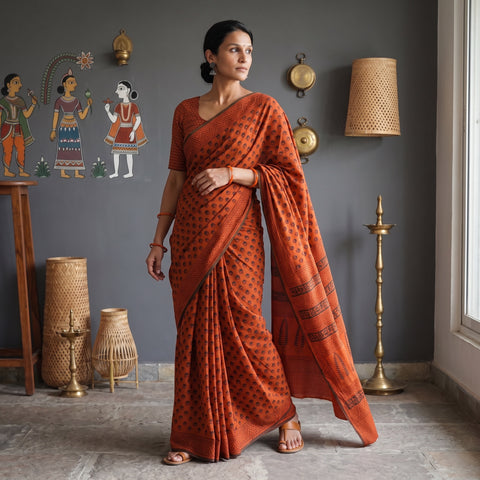 Orange Gamthi Hand Block Print Pure Mul Cotton Saree with Blouse Piece, draped and worn by a woman, AI visual of the saree, iTokri