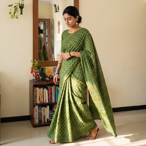 Green Gamthi Hand Block Print Pure Mul Cotton Saree with Blouse Piece, draped and worn by a woman, AI visual of the saree, iTokri
