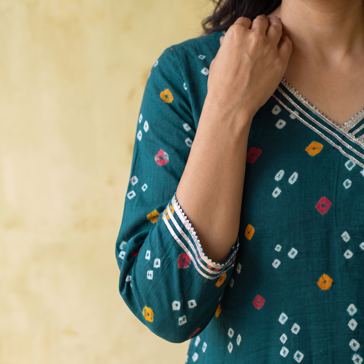 Gota Work Bandhani Cotton A-Line Long Kurta for women 04