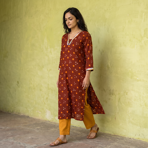 Gota Work Bandhani Cotton Straight Long Kurta for women 10