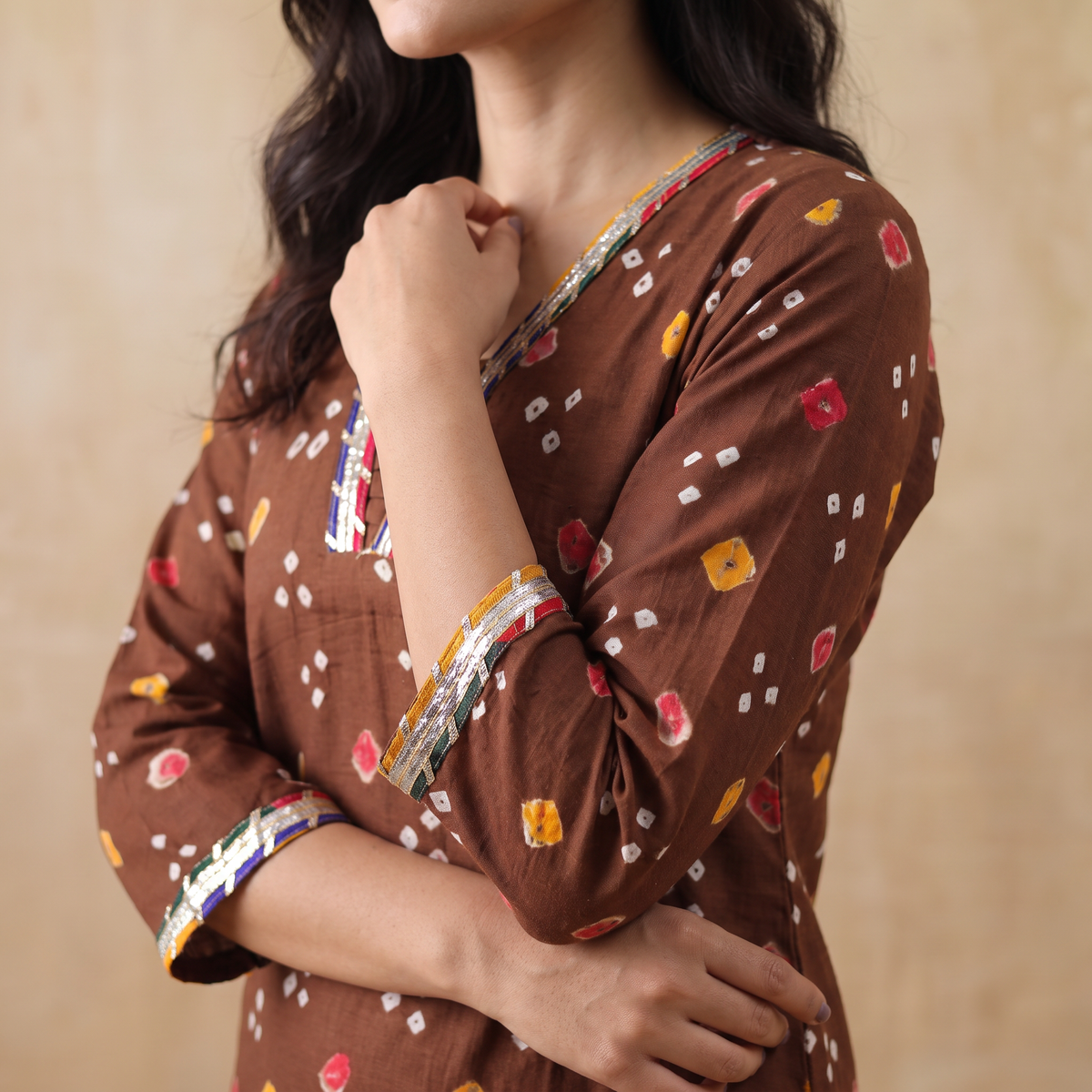 Gota Work Bandhani Cotton Straight Long Kurta for women 12