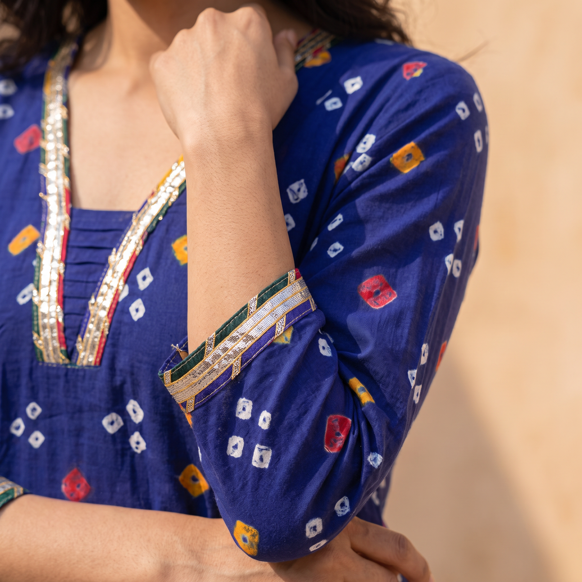 Gota Work Bandhani Cotton Straight Long Kurta for women 14