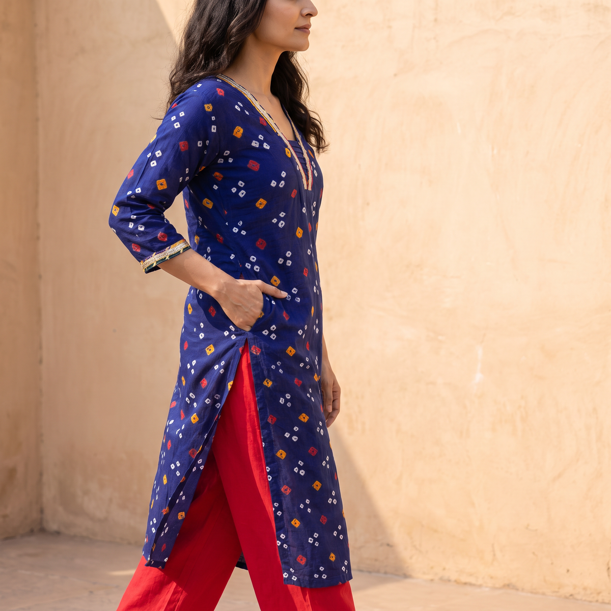 Gota Work Bandhani Cotton Straight Long Kurta for women 14