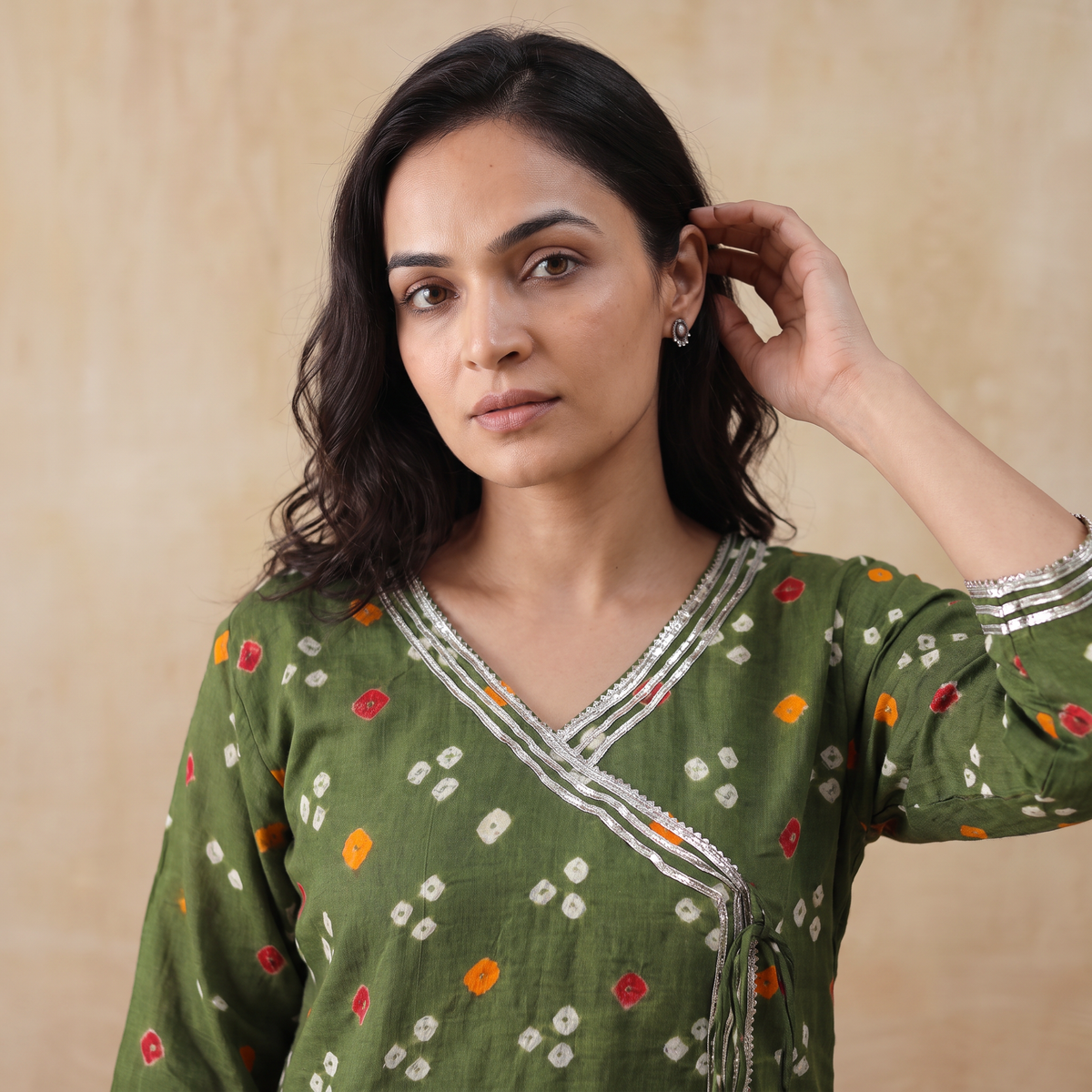 Gota Work Bandhani Cotton A-Line Long Kurta for women 05