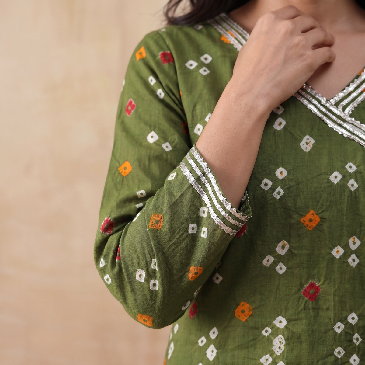 Gota Work Bandhani Cotton A-Line Long Kurta for women 05