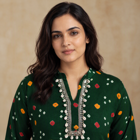 Shell Mirror Work Bandhani Cotton A-Line Long Kurta for women 09