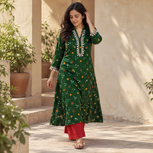 Shell Mirror Work Bandhani Cotton A-Line Long Kurta for women 09