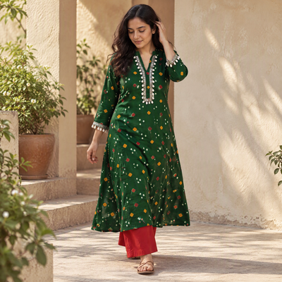 Shell Mirror Work Bandhani Cotton A-Line Long Kurta for women 09