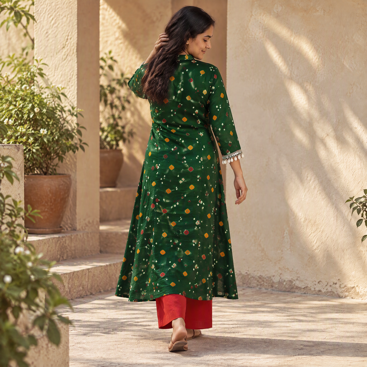 Shell Mirror Work Bandhani Cotton A-Line Long Kurta for women 09