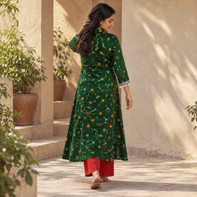 Shell Mirror Work Bandhani Cotton A-Line Long Kurta for women 09