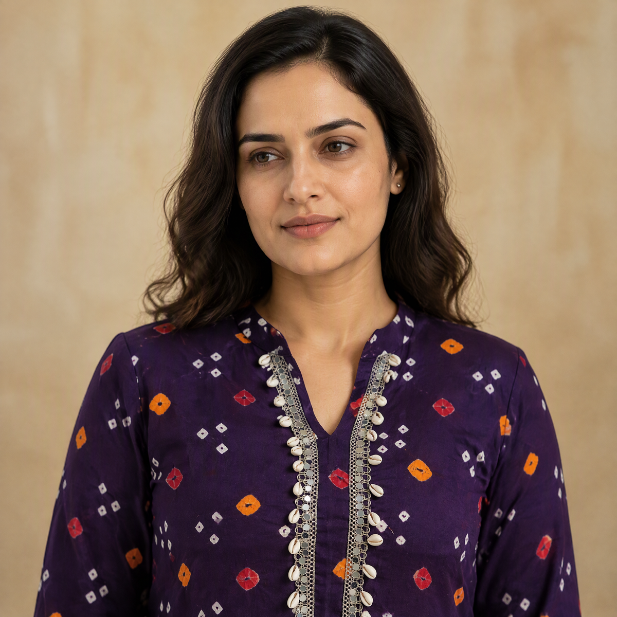Shell Mirror Work Bandhani Cotton A-Line Long Kurta for women 07