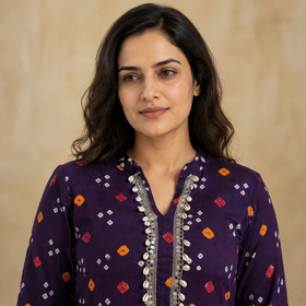 Shell Mirror Work Bandhani Cotton A-Line Long Kurta for women 07