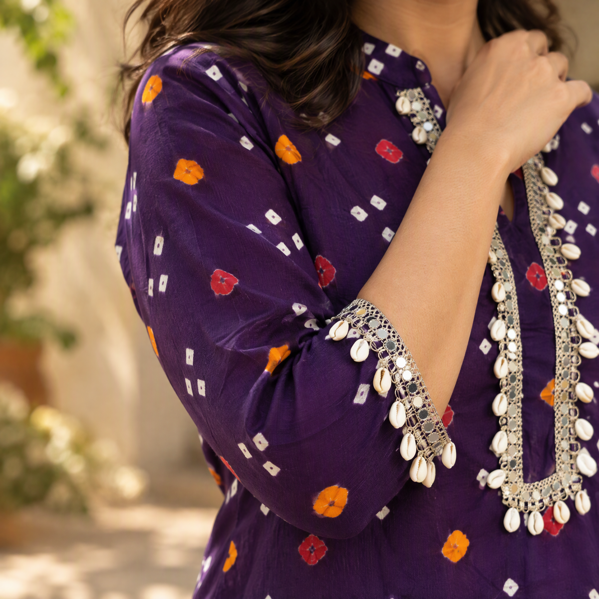 Shell Mirror Work Bandhani Cotton A-Line Long Kurta for women 07