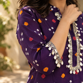 Shell Mirror Work Bandhani Cotton A-Line Long Kurta for women 07