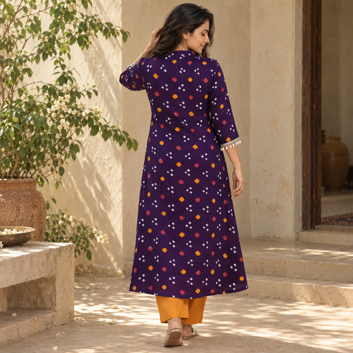 Shell Mirror Work Bandhani Cotton A-Line Long Kurta for women 07