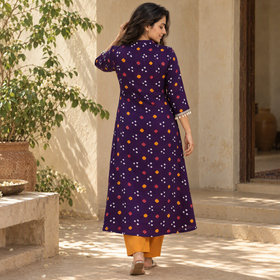Shell Mirror Work Bandhani Cotton A-Line Long Kurta for women 07