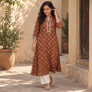 Shell Mirror Work Bandhani Cotton A-Line Long Kurta for women 08