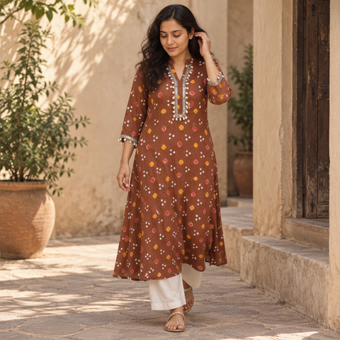 Shell Mirror Work Bandhani Cotton A-Line Long Kurta for women 08
