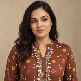 Shell Mirror Work Bandhani Cotton A-Line Long Kurta for women 08