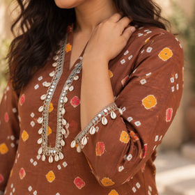 Shell Mirror Work Bandhani Cotton A-Line Long Kurta for women 08