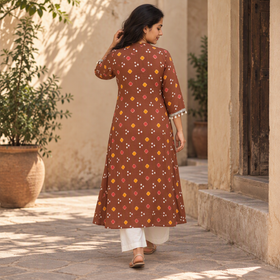 Shell Mirror Work Bandhani Cotton A-Line Long Kurta for women 08