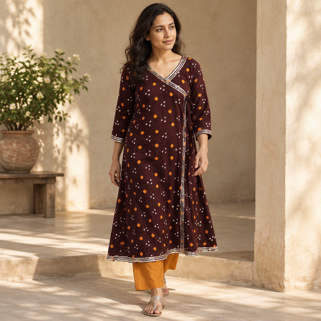 Gota Work Bandhani Cotton A-Line Long Kurta for women 03