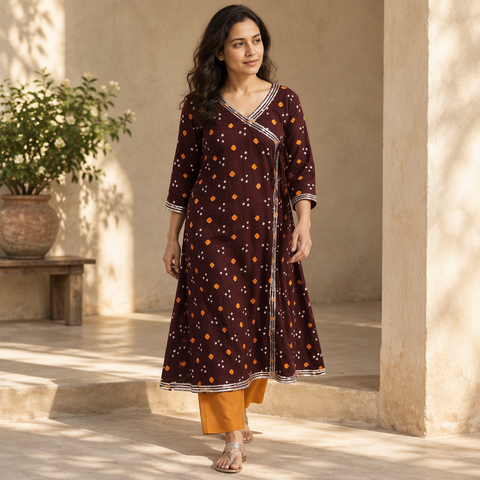 Gota Work Bandhani Cotton A-Line Long Kurta for women 03
