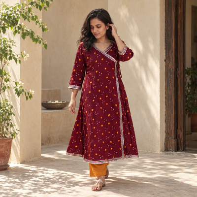 Gota Work Bandhani Cotton A-Line Long Kurta for women 02