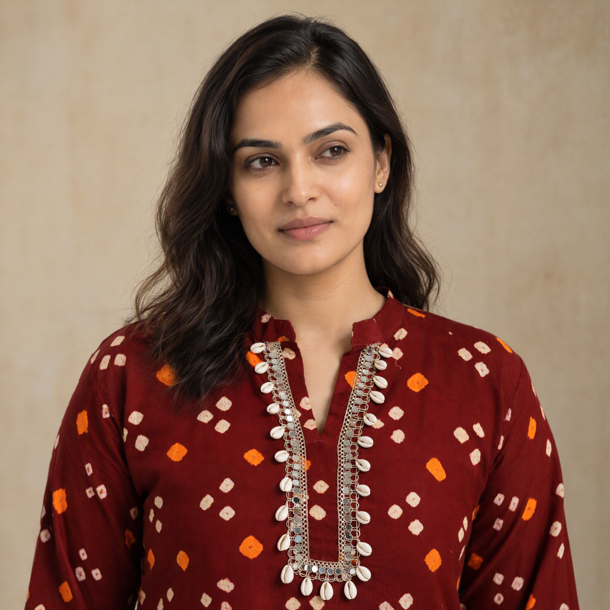 Shell Mirror Work Bandhani Cotton A-Line Long Kurta for women 06
