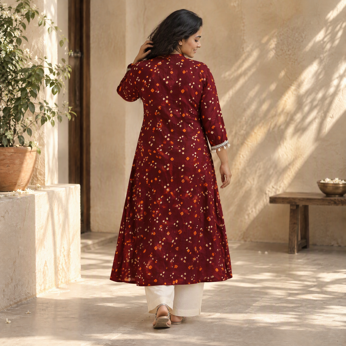 Shell Mirror Work Bandhani Cotton A-Line Long Kurta for women 06