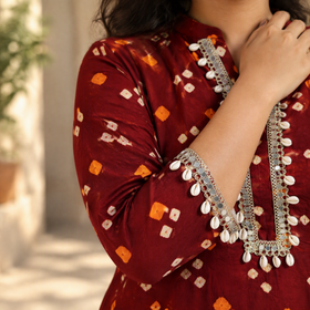 Shell Mirror Work Bandhani Cotton A-Line Long Kurta for women 06