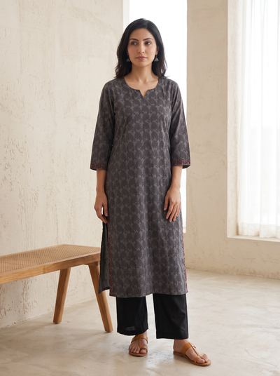 Bagh Hand Block Print Natural Dyed Cotton Straight Long Kurta for women 04