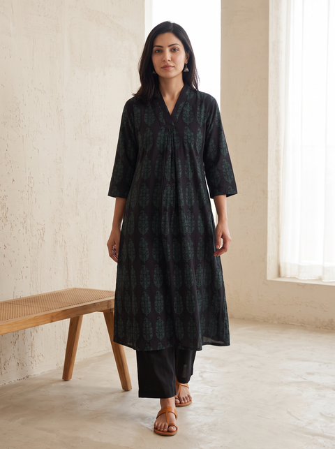 Bagh Hand Block Print Natural Dyed Cotton A-Line Long Kurta for women 09