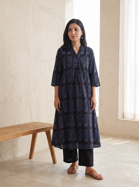 Bagh Hand Block Print Natural Dyed Cotton A-Line Long Kurta for women 10