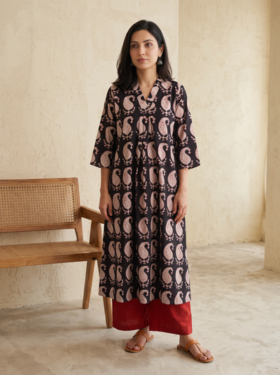 Bagh Hand Block Print Natural Dyed Cotton A-Line Long Kurta for women 11