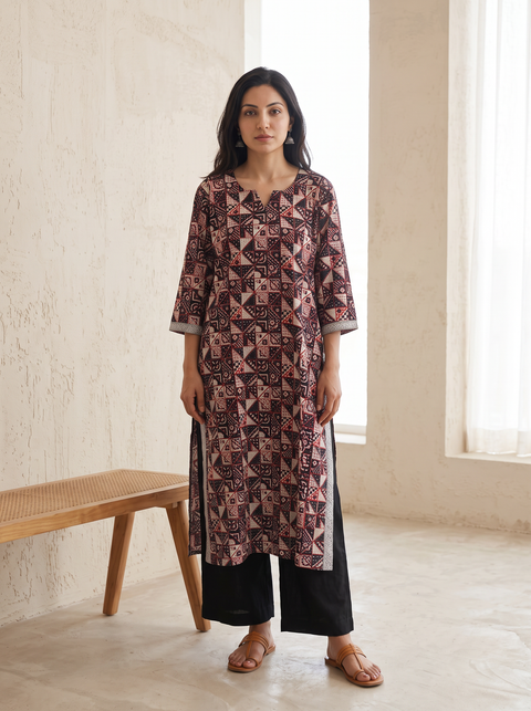 Bagh Hand Block Print Natural Dyed Cotton Straight Long Kurta for women 15