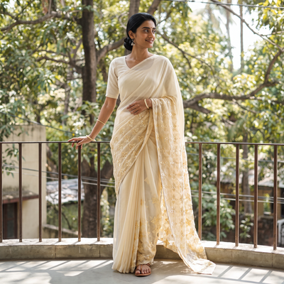 Beige Georgette Embroidery Phulkari Saree, draped and worn by a woman, AI visual of the saree, iTokri