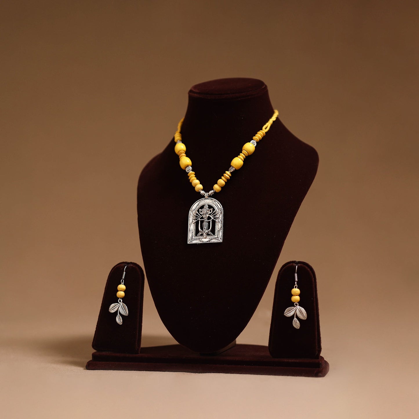 German silver wooden beads necklace set 13 - handcrafted